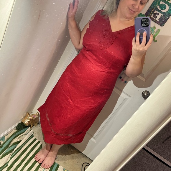 H&M RED DRESS DRESSY CLASSY MIDI APPLIQUÉ 12 L EUC - Picture 9 of 11